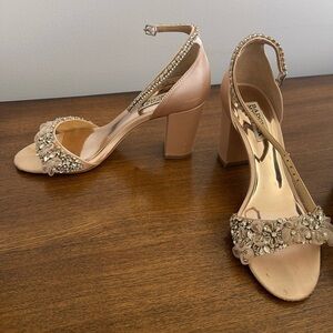 Badgley Mischka Beaded Ankle-Strap Block Heels - Blush